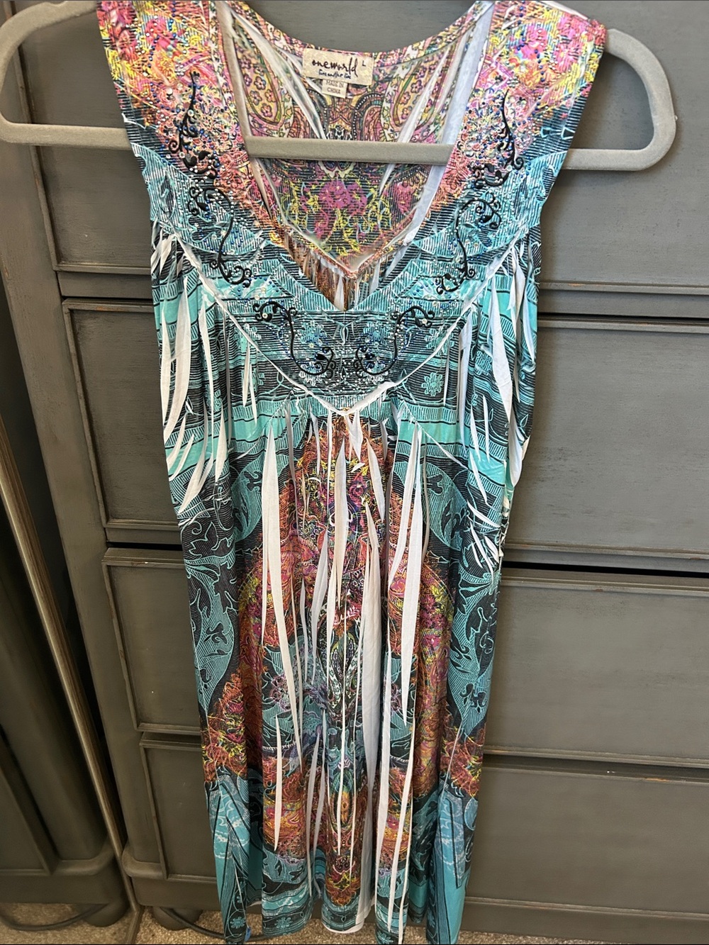 ONE WORLD Turquoise Multi-Print Fringe Maxi Dress